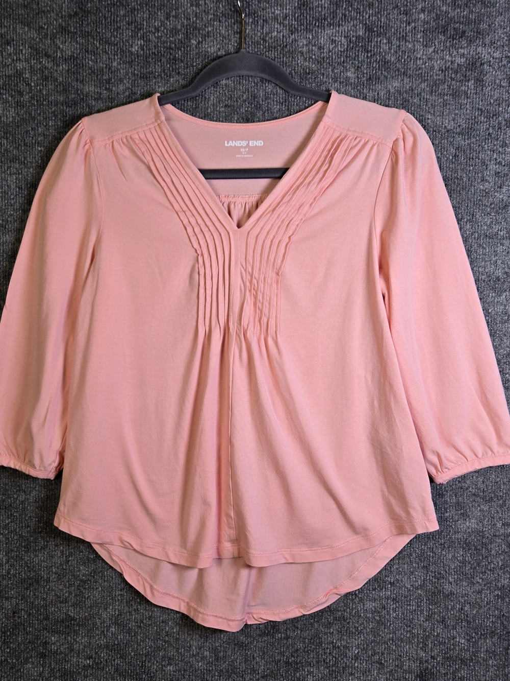 Lands End Top Womens XS Petite Pink Cotton Knit Pintuck V Neck Tee